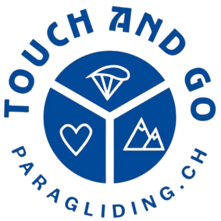 Blue logo with text 'Touch and Go Paragliding.ch' and icons of heart, parachute, and mountains.